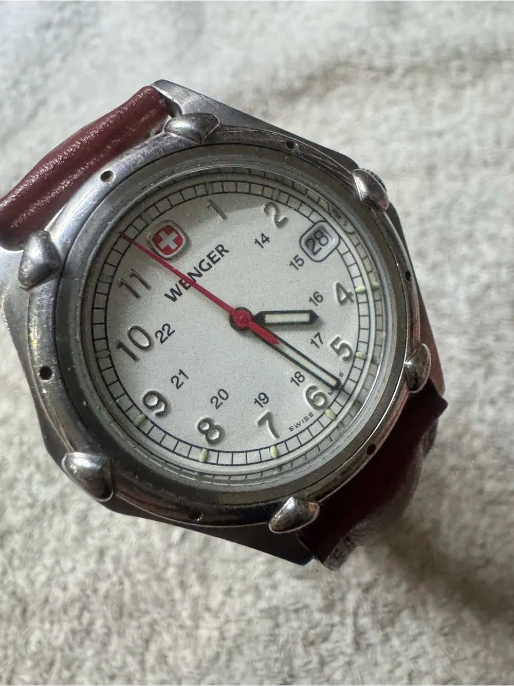 Wenger White Dial Watch with Brown Strap and Red Accent
